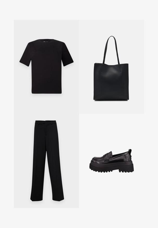 Black short-sleeve t-shirt with a round neckline, crafted from soft cotton fabric. Simple design, no visible logos or patterns.; Black wide-leg trousers made of smooth fabric, featuring a classic waistband with a button closure and front pleats.; Black patent leather loafers with a thick, textured rubber sole, featuring a stitched front detail and a small pull tab at the heel.; Black leather tote bag with smooth texture, rectangular shape, and two long handles. No visible hardware or embellishments.