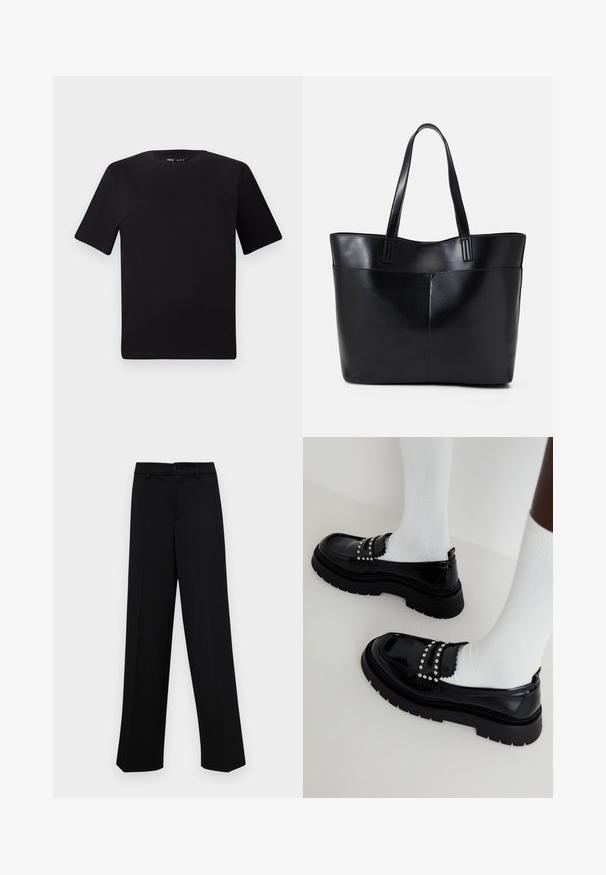 Black short-sleeve t-shirt with a round neckline, crafted from soft cotton fabric. Simple design, no visible logos or patterns.; Black wide-leg trousers made of smooth fabric, featuring a classic waistband with a button closure and front pleats.; Black patent shoes with a chunky sole, featuring silver studs and scalloped detailing, worn with white socks.; Black leather tote bag with two long handles, a smooth texture, and a structured shape. Features a front pocket for additional storage.