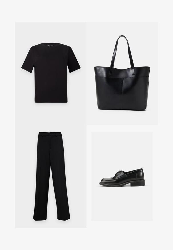 Melnas īsām piedurknēm T-krekls ar apaļu kakla izgriezumu, izgatavots no mīksta kokvilnas auduma. Vienkāršs dizains, bez redzamām logo vai rakstiem.; Melnas platajās bikses, kas izgatavotas no gludas auduma, ar klasisku jostu un pogu aizdari, kā arī priekšējām kroku detalizācijām.; Melnas ādas kleita kurpes ar gludu tekstūru, noapaļots purngals, divi caurumi auklām un izturīgs bloks papēdis. Vienkāršs dizains bez rakstiem.; Melnas ādas iepirkumu soma ar divām garām rokturām, gludu tekstūru un strukturētu formu. Iekļauj priekšējo kabatu papildu uzglabāšanai.