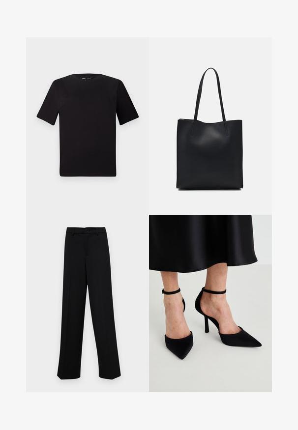 Black short-sleeve t-shirt with a round neckline, crafted from soft cotton fabric. Simple design, no visible logos or patterns.; Black wide-leg trousers made of smooth fabric, featuring a classic waistband with a button closure and front pleats.; Black pointed-toe heels made of smooth fabric with a stiletto heel and a narrow ankle strap, featuring an open side design.; Black leather tote bag with smooth texture, rectangular shape, and two long handles. No visible hardware or embellishments.