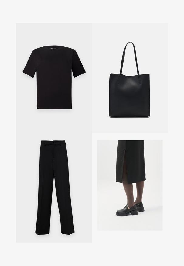Black short-sleeve t-shirt with a round neckline, crafted from soft cotton fabric. Simple design, no visible logos or patterns.; Black wide-leg trousers made of smooth fabric, featuring a classic waistband with a button closure and front pleats.; Black leather shoes with a rounded toe, thick block heel, and elastic side accents, paired with dark tights and a black skirt with a slit.; Black leather tote bag with smooth texture, rectangular shape, and two long handles. No visible hardware or embellishments.