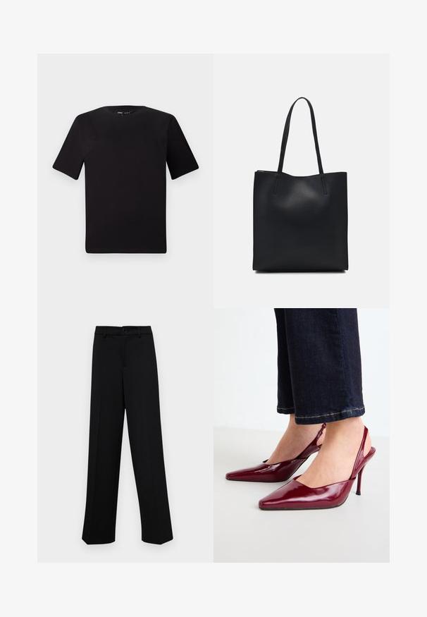 Black short-sleeve t-shirt with a round neckline, crafted from soft cotton fabric. Simple design, no visible logos or patterns.; Black wide-leg trousers made of smooth fabric, featuring a classic waistband with a button closure and front pleats.; Burgundy patent leather slingback heels with a pointed toe and a thin stiletto heel, featuring an open back and minimalistic design.; Black leather tote bag with smooth texture, rectangular shape, and two long handles. No visible hardware or embellishments.
