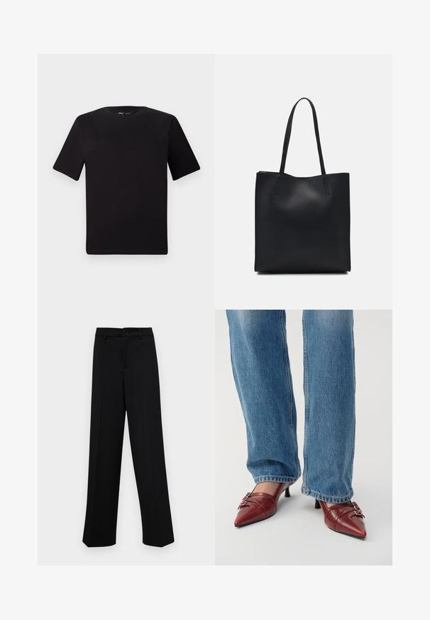 Black short-sleeve t-shirt with a round neckline, crafted from soft cotton fabric. Simple design, no visible logos or patterns.; Black wide-leg trousers made of smooth fabric, featuring a classic waistband with a button closure and front pleats.; Red leather pointed-toe shoes with a small heel, featuring horizontal stitching and two silver buckles, worn with blue denim jeans.; Black leather tote bag with smooth texture, rectangular shape, and two long handles. No visible hardware or embellishments.