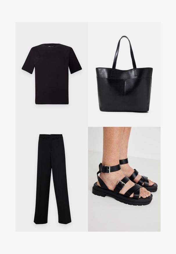 Black short-sleeve t-shirt with a round neckline, crafted from soft cotton fabric. Simple design, no visible logos or patterns.; Black wide-leg trousers made of smooth fabric, featuring a classic waistband with a button closure and front pleats.; Black leather sandals with wide straps and an ankle buckle. Chunky sole with a textured finish. Open toe design for breathability.; Black leather tote bag with two long handles, a smooth texture, and a structured shape. Features a front pocket for additional storage.