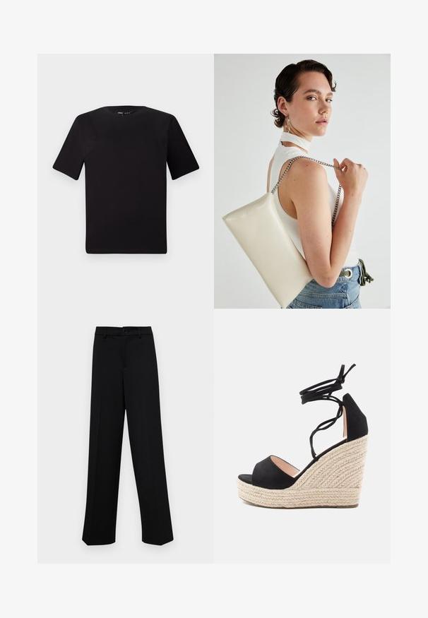 T-shirt noir à manches courtes avec un col rond, fabriqué en coton doux. Design simple, sans logos ni motifs visibles.; Pantalons larges noirs en tissu lisse, avec une taille classique à fermeture à bouton et des plis sur le devant.; Sandales à talons compensés en suède noir avec une plateforme en jute tissé, dotées de brides croisées à la cheville et d'un design à bout ouvert.; Pochette rectangulaire blanche en matériau brillant, avec une bandoulière en chaîne argentée. Le modèle pose en mettant en valeur le sac contre un fond uni.