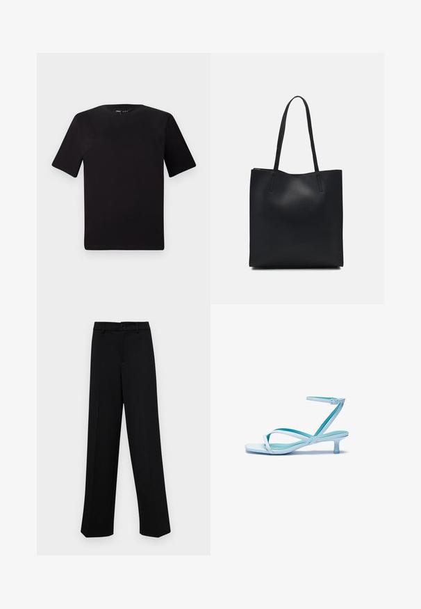 Black short-sleeve t-shirt with a round neckline, crafted from soft cotton fabric. Simple design, no visible logos or patterns.; Black wide-leg trousers made of smooth fabric, featuring a classic waistband with a button closure and front pleats.; Light blue strappy sandal with a square toe, low heel, adjustable ankle strap, and smooth, glossy finish. Crossed straps on the footbed.; Black leather tote bag with smooth texture, rectangular shape, and two long handles. No visible hardware or embellishments.