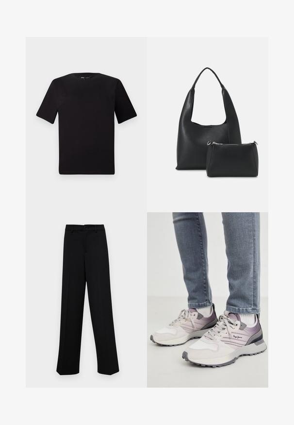 Crna majica kratkih rukava s okruglim izrezom, izrađena od mekane pamučne tkanine. Jednostavan dizajn, bez vidljivih logotipa ili uzoraka.; Crne široke hlače od glatkog materijala, s klasičnim pojasom koji se zatvara dugmetom i prednjim naborima.; Svijetlosivi tenisici s akcentima od antilopa i mrežice, s teksturiranom potplatkom, ljubičastim detaljima i logom sa strane. Nošeni s farmerkama.; Even&Odd Ručna torba - black