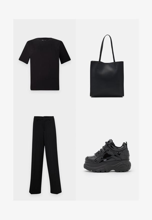 Black short-sleeve t-shirt with a round neckline, crafted from soft cotton fabric. Simple design, no visible logos or patterns.; Black wide-leg trousers made of smooth fabric, featuring a classic waistband with a button closure and front pleats.; Black platform sneakers with a shiny patent finish, featuring thick rubber soles, lace-up design, and logo detail on the side.; Black leather tote bag with smooth texture, rectangular shape, and two long handles. No visible hardware or embellishments.