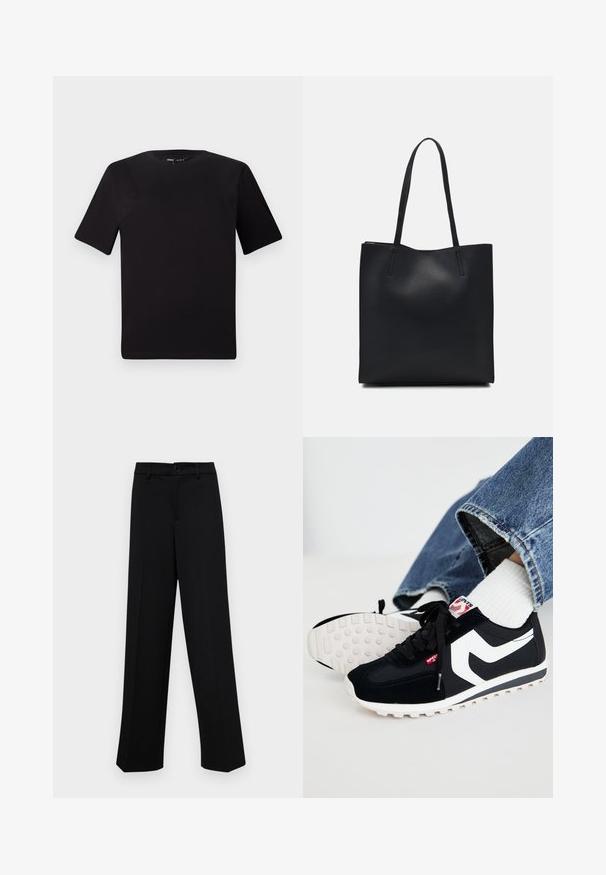 Camiseta negra de manga corta con cuello redondo, fabricada en suave algodón. Diseño simple, sin logos ni patrones visibles.; Pantalones de pierna ancha negros, hechos de un tejido suave, con una cintura clásica que incluye un cierre de botón y pliegues frontales.; Levi's® STRYDER - Zapatillas - regular black; Bolso tote de cuero negro con textura lisa, forma rectangular y dos asas largas. Sin herrajes ni adornos visibles.