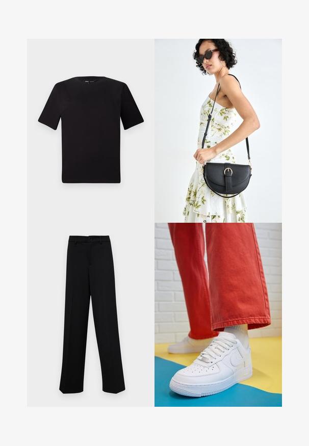 Melnas īsām piedurknēm T-krekls ar apaļu kakla izgriezumu, izgatavots no mīksta kokvilnas auduma. Vienkāršs dizains, bez redzamām logo vai rakstiem.; Melnas platajās bikses, kas izgatavotas no gludas auduma, ar klasisku jostu un pogu aizdari, kā arī priekšējām kroku detalizācijām.; Baltās ādas kedas ar perforētu purngalu, teksturētu zoli un baltām auklām, apvienotas ar platām sarkanām biksēm un zilu un dzeltenu fona.; Melnas ādas rokassoma ar izliekta formu, noņemamu siksnu un zelta aksesuāriem. Somai ir vāciņš ar sprādzes detaļu.