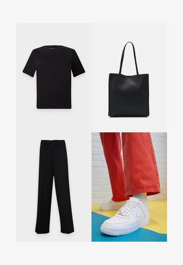 Melnas īsām piedurknēm T-krekls ar apaļu kakla izgriezumu, izgatavots no mīksta kokvilnas auduma. Vienkāršs dizains, bez redzamām logo vai rakstiem.; Melnas platajās bikses, kas izgatavotas no gludas auduma, ar klasisku jostu un pogu aizdari, kā arī priekšējām kroku detalizācijām.; Baltās ādas kedas ar perforētu purngalu, teksturētu zoli un baltām auklām, apvienotas ar platām sarkanām biksēm un zilu un dzeltenu fona.; Melnas ādas somiņa ar gludu tekstūru, taisnstūra formu un divām garām rokturiem. Nav redzamu aparatūras vai rotājumu.