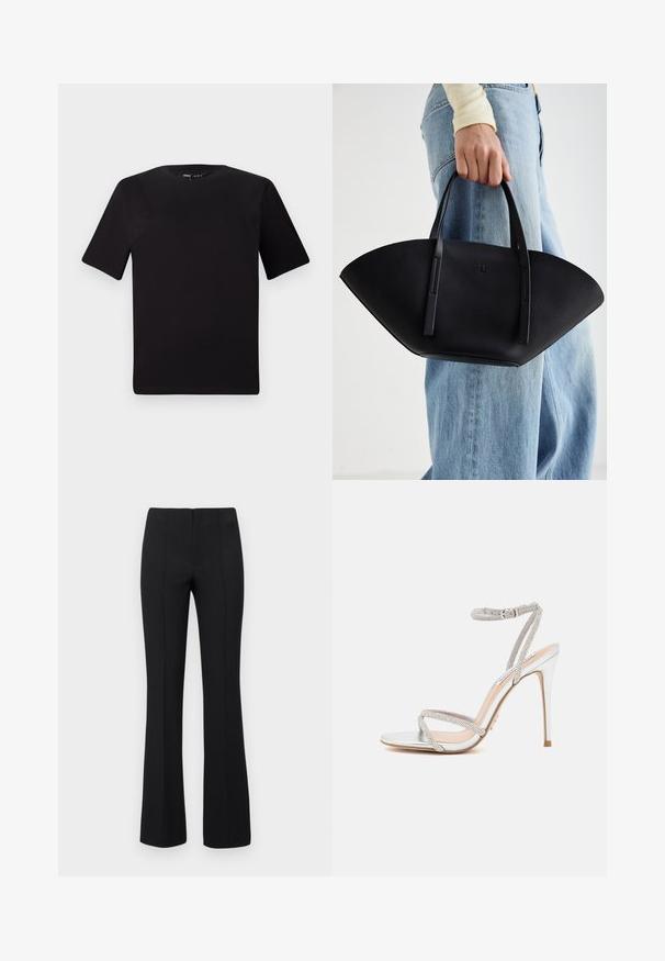 Black short-sleeve t-shirt with a round neckline, crafted from soft cotton fabric. Simple design, no visible logos or patterns.; Black flared trousers with a ribbed texture and fitted waist. The design features vertical seams for a streamlined look. No visible hardware.; Silver high-heeled sandal with thin straps, adorned with rhinestones, featuring a sleek design and a pointed toe.; Black leather handbag with a unique fan shape, featuring flat handles. The surface has a pebbled texture and a minimalistic design.