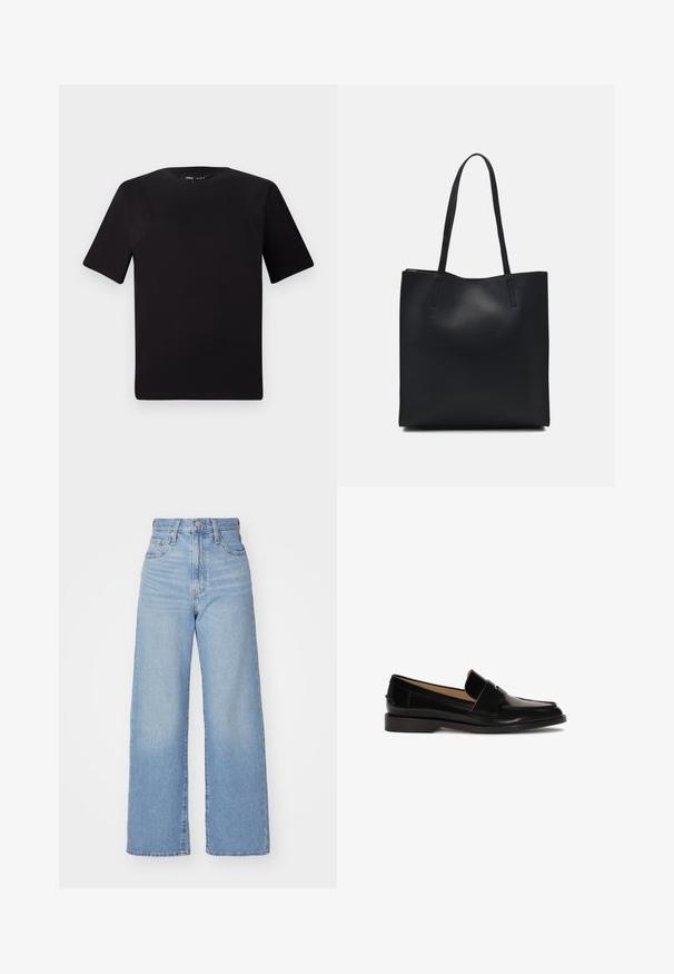 Czarna koszulka z krótkim rękawem o okrągłym dekolcie, wykonana z miękkiej bawełny. Prosty design, bez widocznych logo ani wzorów.; Jasnoniebieskie jeansy z wysokim stanem i szerokimi nogawkami, z zapięciem na guziki i zamek z przodu, przednie i tylne kieszenie, na białym tle.; Czarne skórzane loafersy o gładkim wykończeniu, zaokrąglony nosek i dekoracyjny pasek na przodzie. Niska konstrukcja na słupku.; Czarna skórzana torba tote o gładkiej fakturze, prostokątnym kształcie i dwóch długich uchwytach. Brak widocznych elementów metalowych i ozdób.