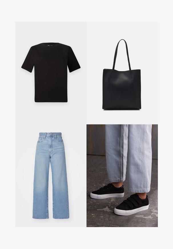 Schwarzes T-Shirt mit kurzen Ärmeln und Rundhalsausschnitt, aus weichem Baumwollmaterial gefertigt. Schlichtes Design, keine sichtbaren Logos oder Muster.; Hellblaue High-Waist-Weite-Leg-Jeans mit Knopf- und Reißverschluss vorne, Vorder- und Rückentaschen, auf weißem Hintergrund.; Schwarze Cord-Sneaker mit drei Klettverschlüssen und einer strukturierten Oberfläche. Niedrigprofilierte weiße Gummisohle. Getragen mit hellblauen, verkürzten Hosen.; Schwarze Laptoptasche aus Leder mit glatter Textur, rechteckiger Form und zwei langen Griffen. Keine sichtbaren Beschläge oder Verzierungen.