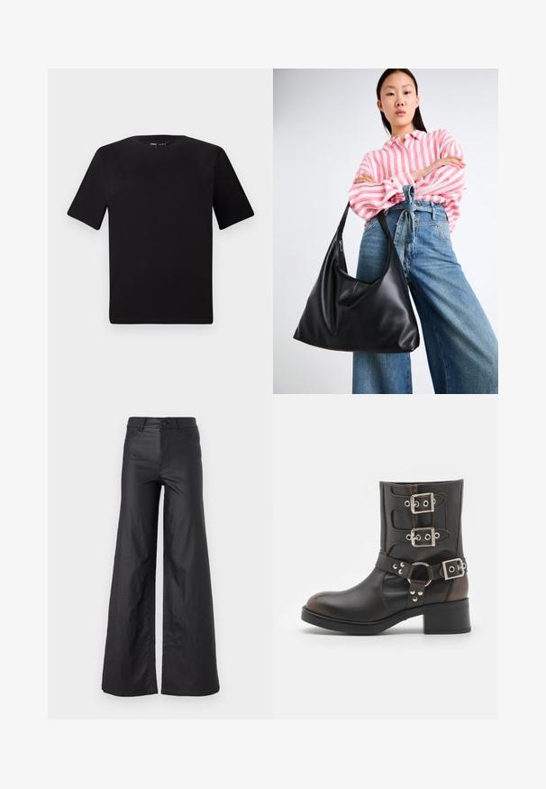 Μαύρο κοντομάνικο μπλουζάκι με στρογγυλή λαιμόκοψη, κατασκευασμένο από απαλό βαμβακερό ύφασμα. Απλός σχεδιασμός, χωρίς ορατά λογότυπα ή μοτίβα.; Μαύρο παντελόνι φαρδιάς γραμμής σε υλικό με faux δερματίνη. Διαθέτει ψηλή μέση, θηλιές ζώνης, δύο μπροστινές τσέπες και ραφές λεπτομέρειας.; Μαύρη δερμάτινη μπότες αστραγάλου με τρία ρυθμιζόμενα ασημένια κούμπωτα, έναν κυκλικό ιμάντα διακόσμησης και χαμηλό πλατφόρμα. Λείος υφή και στρογγυλή μύτη.; Μαύρη δερμάτινη τσάντα ώμου με χαλαρή σιλουέτα και λεπτομέρειες ραφής. Το μοντέλο φοράει μπλούζα με ροζ και λευκές ρίγες και μπλε φαρδιά τζιν παντελόνια.