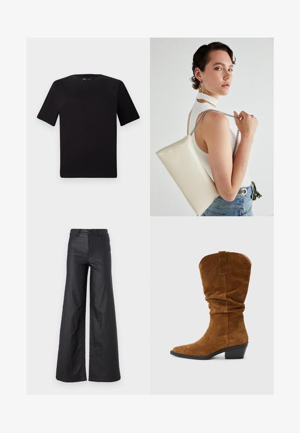 Black short-sleeve t-shirt with a round neckline, crafted from soft cotton fabric. Simple design, no visible logos or patterns.; Black, wide-leg pants in a faux leather material. Features a high waist, belt loops, two front pockets, and stitched detailing.; Brown suede cowboy boot with a slouchy design, pointed toe, and stacked heel. Features stitching accents and a pull tab at the back.; White rectangular clutch bag made of glossy material, featuring a silver chain strap. Model poses, showcasing the bag against a plain background.