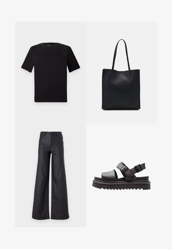 Čierne tričko s krátkym rukávom a okrúhlym výstrihom, vyrobené z mäkkej bavlny. Jednoduchý dizajn, bez viditeľných log alebo vzorov.; Čierne široké nohavice z materiálu imitujúceho kožu. Majú vysoký pás, pútka na opasok, dve predné vrecká a šité detaily.; Čierne kožené sandále majú široký prstový pás, dva nastaviteľné pásky so sponami a hrubú, štruktúrovanú platformu pre stabilitu.; Čierna kožená taška na rameno s hladkým povrchom, obdĺžnikovým tvarom a dvoma dlhými uchami. Bez viditeľného kovania alebo ozdôb.