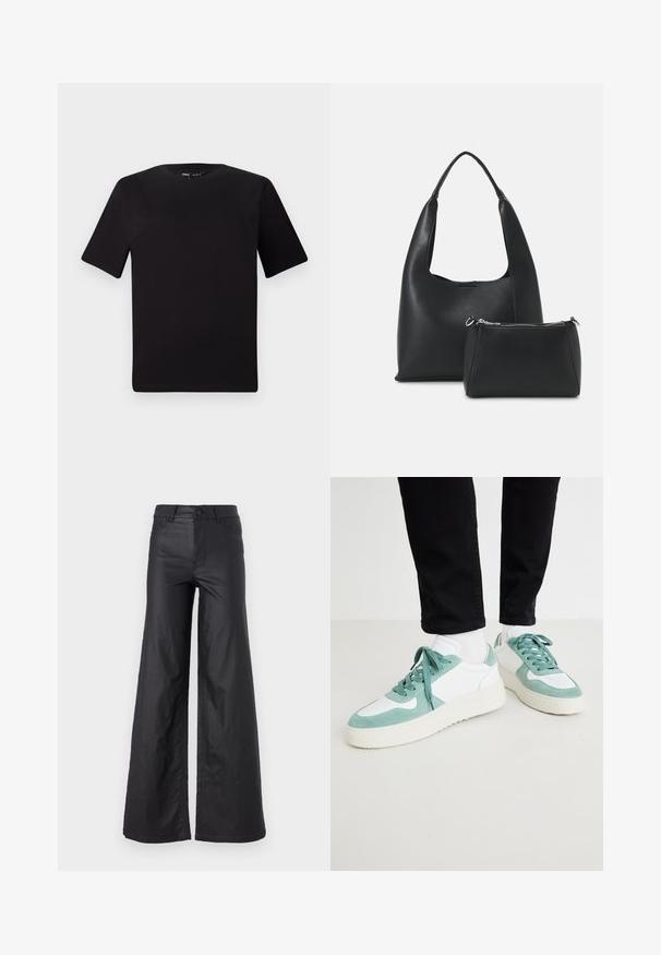 Schwarzes T-Shirt mit kurzen Ärmeln und Rundhalsausschnitt, aus weichem Baumwollmaterial gefertigt. Schlichtes Design, keine sichtbaren Logos oder Muster.; Schwarze, weit geschnittene Hose aus einem Kunstledermaterial. Mit hoher Taille, Gürtelschlaufen, zwei Fronttaschen und genähten Details.; Hellmintgrüne und weiße Sneakers aus Wildleder und Mesh-Materialien, mit einer strukturierten Sohle und passenden Schnürsenkeln. Mit perforierten Details akzentuiert.; Even&Odd SET - Handtasche - black