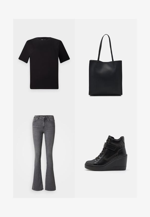 Tricou scurt negru cu mânecă scurtă și guler rotund, realizat dintr-un material de bumbac moale. Design simplu, fără logo-uri sau modele vizibile.; Blugi gri evazați cu talie înaltă, închidere cu buton, cinci buzunare și accente de cusătură subtile. Fabricat din denim cu o textură netedă.; Adidași cu toc ascuns negri, din piele netedă, cu șireturi la față, curea ajustabilă și detalii decorative cu fermoar.; Geantă tote neagră din piele, cu textură netedă, formă rectangulară și două mânere lungi. Fără hardware vizibil sau ornamente.