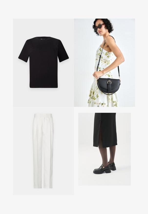 Black short-sleeve t-shirt with a round neckline, crafted from soft cotton fabric. Simple design, no visible logos or patterns.; White pinstriped trousers with a straight leg design, made from a lightweight fabric. Features pleats at the front and a traditional waistband.; Black leather shoes with a rounded toe, thick block heel, and elastic side accents, paired with dark tights and a black skirt with a slit.; Black leather handbag with a curved shape, detachable strap, and gold hardware. The bag features a flap with a buckle detail.