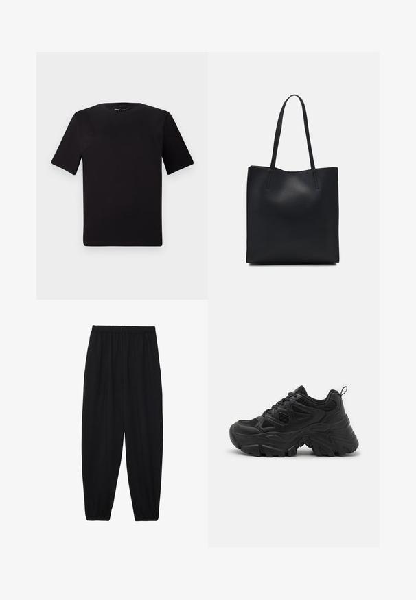 Black short-sleeve t-shirt with a round neckline, crafted from soft cotton fabric. Simple design, no visible logos or patterns.; Black, lightweight pants with an elastic waistband and gathered ankles. The fabric is smooth and features a relaxed, tapered design.; Black athletic shoes with a textured mesh upper, curved rubber sole, and prominent tread pattern. Features integrated lacing and pull tab.; Black leather tote bag with smooth texture, rectangular shape, and two long handles. No visible hardware or embellishments.