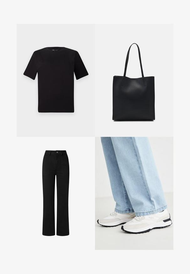 Schwarzes T-Shirt mit kurzen Ärmeln und Rundhalsausschnitt, aus weichem Baumwollmaterial gefertigt. Schlichtes Design, keine sichtbaren Logos oder Muster.; Schwarze, hochgeschnittene Hose mit geradem Bein, aus glattem Baumwollstoff. Mit frontalen Taschen und einem einfachen Metallknopfverschluss.; Sportliche Sneaker mit einem weißen Mesh-Obermaterial, grauen Wildlederakzenten, schwarzer Gummisohle und strukturierten Designelementen an der Seite.; Schwarze Laptoptasche aus Leder mit glatter Textur, rechteckiger Form und zwei langen Griffen. Keine sichtbaren Beschläge oder Verzierungen.