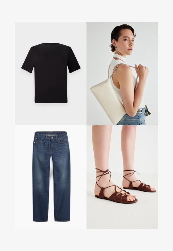 Fekete, rövid ujjú póló, kerek nyakkal, puha pamutból készült. Egyszerű dizájn, nincs látható logó vagy minta.; Sötétkék farmernadrág egyenes szárú kialakítással. Jellemzői a gombos záródás, öt zseb és enyhe kifakulás a szöveten.; Barna bőr szandálok keresztbe fűzött bokapántokkal, nyitott orrú kialakítással, lapos talppal és több pánttal az elülső részen a tartás érdekében.; Fehér, téglalap alakú, fényes anyagból készült clutch táska, ezüst láncos pánttal. A modell pózol, bemutatva a táskát egy egyszínű háttér előtt.
