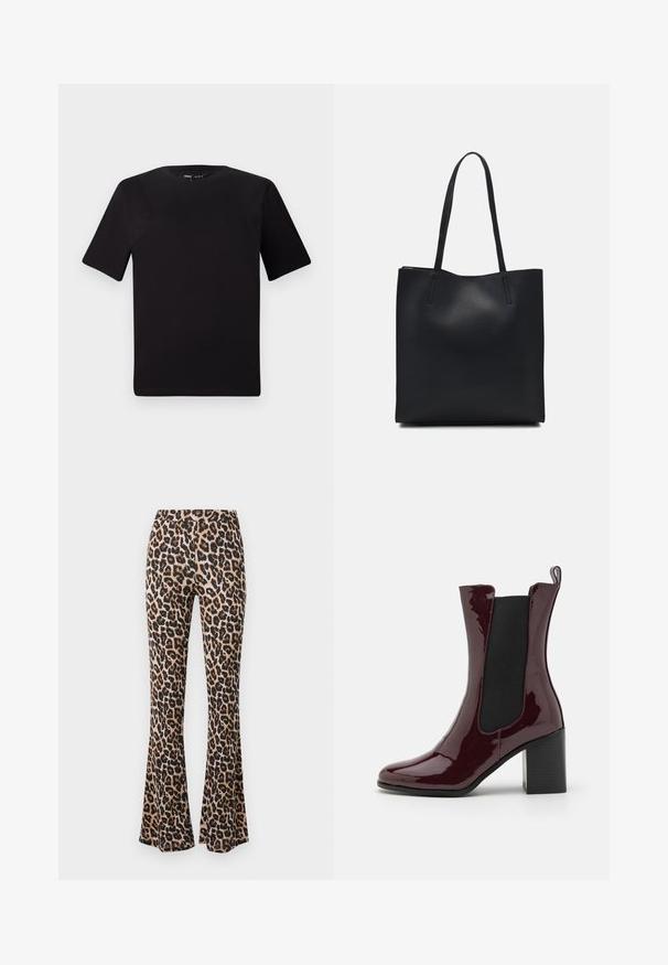 T-shirt preta de mangas curtas com decote redondo, feita de tecido de algodão suave. Design simples, sem logótipos ou padrões visíveis.; Calças em estampado de leopardo, em tom castanho e preto, feitas de um tecido suave com uma textura lisa, apresentando uma cintura ajustada e bainha aberta.; RAID ILLEANA - Botas clássicas de cano curto - burgundy; Bolsa tote preta em couro com textura lisa, forma retangular e duas alças longas. Sem hardware ou enfeites visíveis.