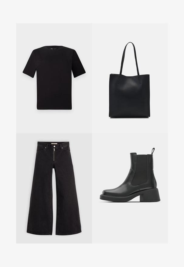 Črna majica s kratkimi rokavi in okroglim izrezom, izdelana iz mehkega bombažnega materiala. Preprost dizajn, brez vidnih logotipov ali vzorcev.; Široke traperice iz črnega denima z zadrgo spredaj, petimi žepi in diskretnimi šivi. Gladka tekstura in ležeren slog.; Črne usnjene gležnjarje z elastičnimi stranskimi paneli, zaobljenim nosom in masivnim blokastim peto. Gladka tekstura z minimalističnim dizajnom.; Črna usnjena torba s svilnato teksturo, pravokotne oblike in dvema dolgima ročajema. Brez vidnih metalnih delov ali okrasnih elementov.