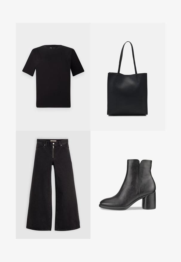 Melnas īsām piedurknēm T-krekls ar apaļu kakla izgriezumu, izgatavots no mīksta kokvilnas auduma. Vienkāršs dizains, bez redzamām logo vai rakstiem.; Platas kājas džinsi melnā džinsa audumā ar rāvējslēdzēju priekšā, piecu kabatu dizains un smalkas šuvju detaļas. Gluda tekstūra un ikdienišķs stils.; Melna ādas potīšu zābaku ar noapaļotu purngalu, vidēja augstuma blokveida papēdi un gludu tekstūru. Iezīmēts ar izgriezumu aizmugurē un minimālistisku dizainu.; Melnas ādas somiņa ar gludu tekstūru, taisnstūra formu un divām garām rokturiem. Nav redzamu aparatūras vai rotājumu.