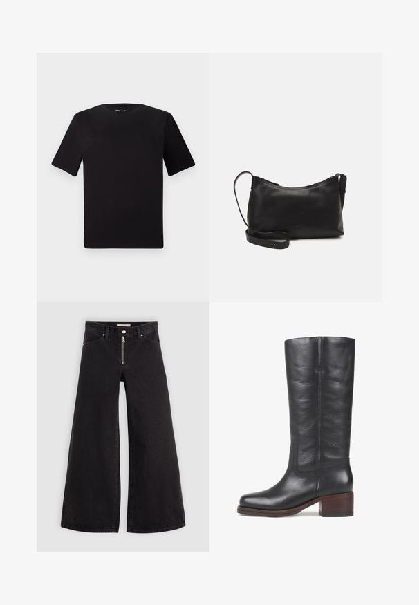 Svart t-skjorte med korte ermer og rund hals, laget av mykt bomullsstoff. Enkelt design, ingen synlige logoer eller mønstre.; Vide benbukser i sort denim med glidelås i front, fem-lomme design og subtile sømdetaljer. Glatt tekstur og avslappet stil.; Sorte lærknæhøje støvler med en glat overflade, firkantet tå og stablet træhæl. Har diskrete syninger og en side søm-design.; Svart skinn skulderveske med glatt tekstur, buet form, justerbar stropp og glidelås. Minimalistisk design uten dekorasjoner.
