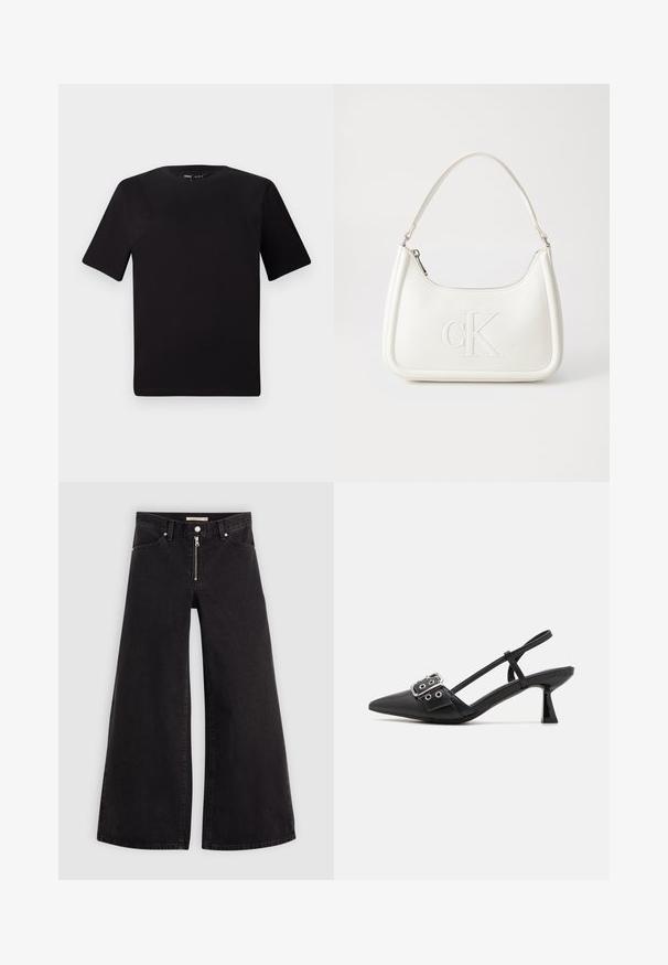 T-shirt preta de mangas curtas com decote redondo, feita de tecido de algodão suave. Design simples, sem logótipos ou padrões visíveis.; Calças de ganga de perna larga em denim preto com fecho éclair à frente, design de cinco bolsos e detalhes de costura subtil. Textura suave e estilo casual.; Simmi London DALA - Saltos clássicos - black; Mala de mão branca em pele com uma forma curva, apresentando um logo "CK" em relevo na frente e uma alça de ombro única. Fecho com zíper na parte superior.