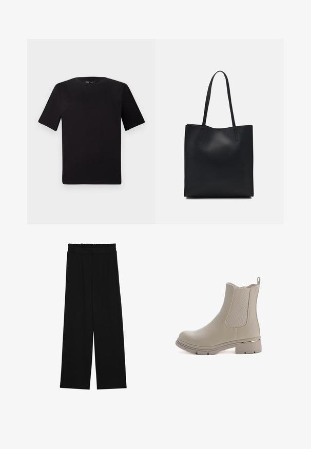 Czarna koszulka z krótkim rękawem o okrągłym dekolcie, wykonana z miękkiej bawełny. Prosty design, bez widocznych logo ani wzorów.; Czarne spodnie typu wide-leg z falbaną w pasie, z dwoma bocznymi kieszeniami i gładkim, lekkim materiałem. Brak widocznych wzorów lub elementów metalowych.; Beżowe botki za kostkę o gładkim skórzanym wykończeniu i elastycznych panelach bocznych. Charakteryzują się masywną podeszwą i złotym akcentem na obcasie.; Czarna skórzana torba tote o gładkiej fakturze, prostokątnym kształcie i dwóch długich uchwytach. Brak widocznych elementów metalowych i ozdób.