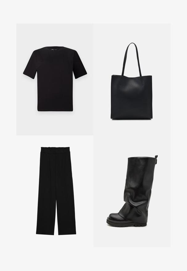T-shirt noir à manches courtes avec un col rond, fabriqué en coton doux. Design simple, sans logos ni motifs visibles.; Pantalons larges noirs à taille volante, dotés de deux poches latérales et d'un tissu lisse et léger. Pas de motifs ni de matériel visible.; RAID ALINNI - Bottes à plateau - black; Sac fourre-tout en cuir noir avec une texture lisse, de forme rectangulaire et deux longues poignées. Pas de matériel ou d'ornementations visibles.