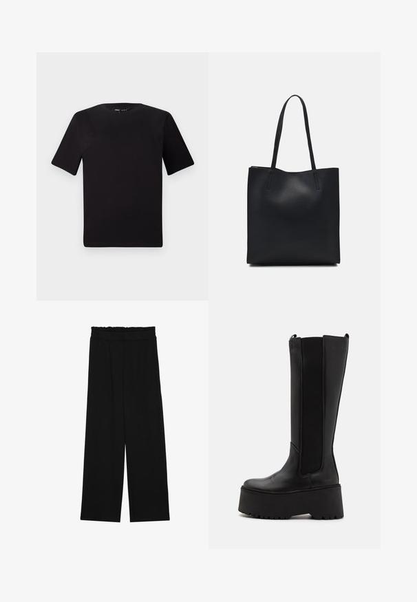 Svart kortärmad t-shirt med rund halsringning, tillverkad i mjukt bomullstyg. Enkelt mönster, utan synliga logotyper eller mönster.; Svarta vida byxor med en volang vid midjan, med två sidofickor och ett slätt, lätt tyg. Inga synliga mönster eller detaljer.; Svarta knähöga stövlar med en slät läderkropp, elastiska sidopaneler och en tjock plattformssula med ett mönstrat underlag.; Svart lädertoffelväska med slät textur, rektangulär form och två långa handtag. Ingen synlig hårdvara eller dekorationer.