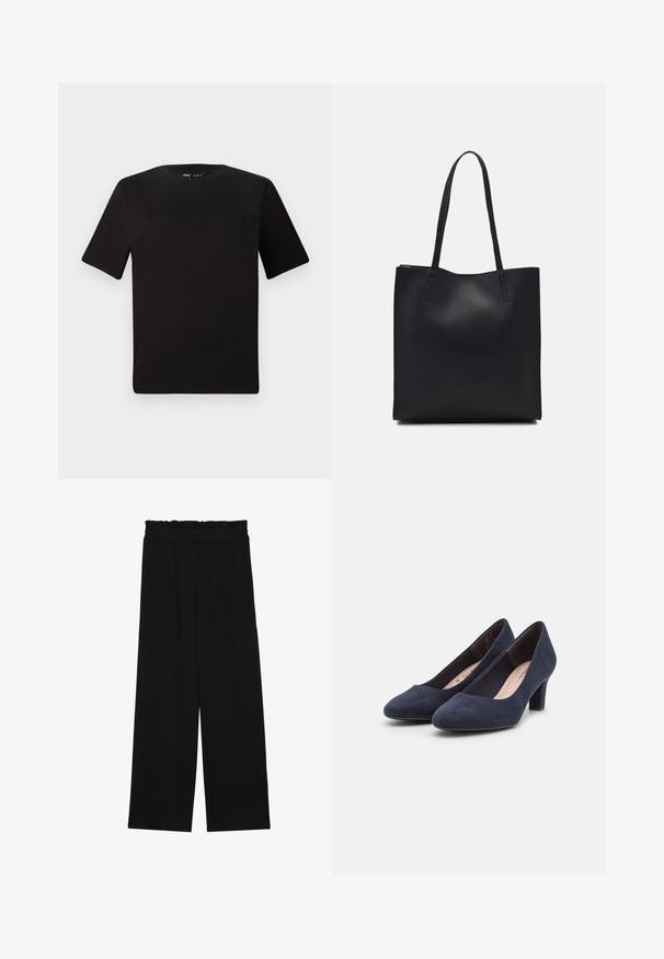 Svart t-skjorte med korte ermer og rund hals, laget av mykt bomullsstoff. Enkelt design, ingen synlige logoer eller mønstre.; Svarte vide bukser med rynket liv, med to sidelommer og et glatt, lett stoff. Ingen synlige mønstre eller metalldeler.; Marineblå suede høyhelte pumps med rund tå og teksturert overflate; har en lav, bred hæl for stabilitet.; Svart lær tote bag med glatt tekstur, rektangulær form og to lange håndtak. Ingen synlige deler eller dekorasjoner.