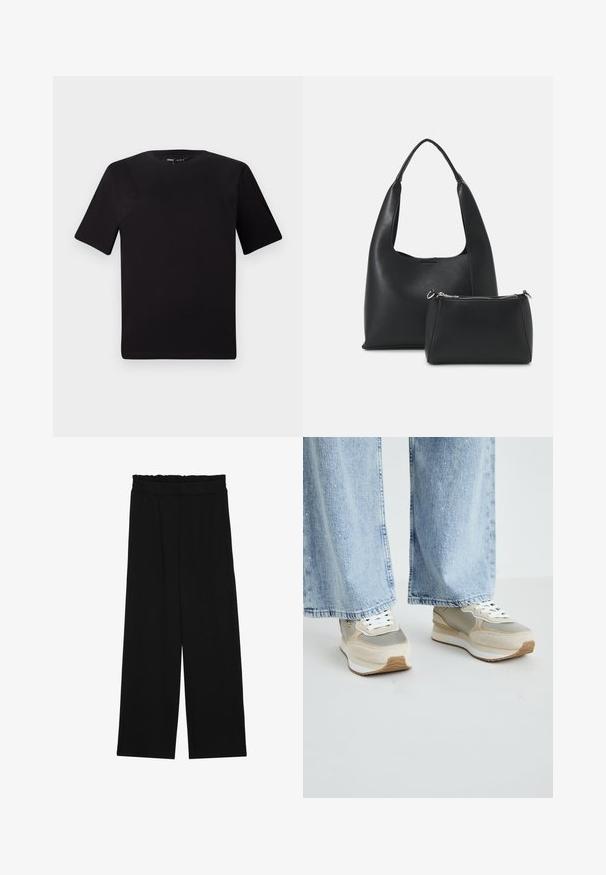 Must olema lühikeste varrukatega must t-särk ümmarguse kaelusega, valmistatud pehmest puuvillast kangast. Lihtne disain, ilma nähtavate logode või mustriteta.; Mustad laiad püksid rüüstatud vöökohtadega, millel on kaks küljetaskut ja ühetaoline, kerge kangas. Ilma nähtavate mustrite või seadmeteeta.; Beežid ja hallid tennisetossud, mis on valmistatud sametist ja peegeldavast materjalist, valged paelad, kummistöppel ja tekstureeritud detailid. Kanda helesiniste teksapükstega.; Even&Odd Käekott - black