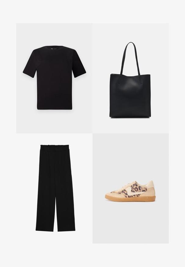 T-shirt preta de mangas curtas com decote redondo, feita de tecido de algodão suave. Design simples, sem logótipos ou padrões visíveis.; Calças largas pretas com um cinto franzido, apresentando dois bolsos laterais e um tecido suave e leve. Sem padrões ou ferragens visíveis.; Sapatilhas com padrão de leopardo, parte superior em camurça bege, sola de borracha castanha e detalhes brancos. Bico redondo e design com atacadores, com um acabamento texturizado.; Bolsa tote preta em couro com textura lisa, forma retangular e duas alças longas. Sem hardware ou enfeites visíveis.