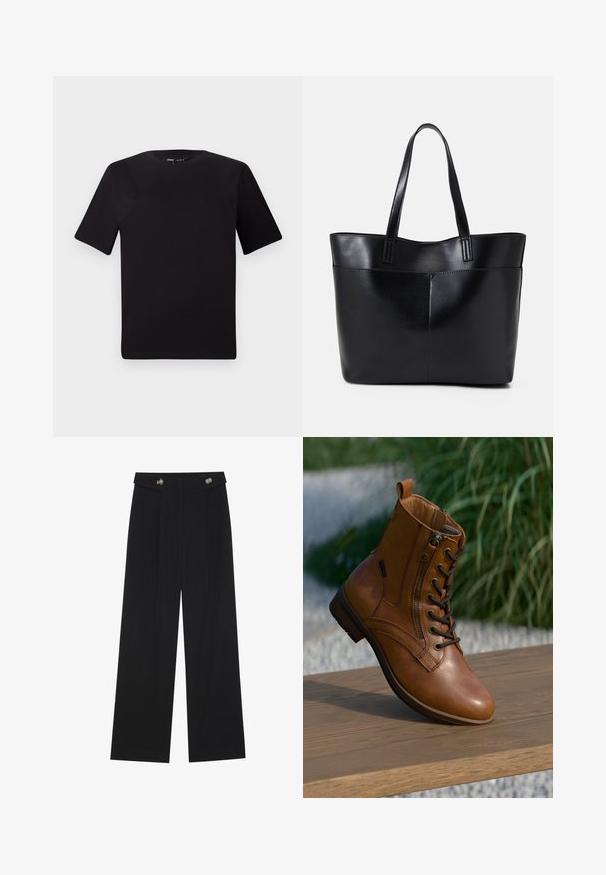 Svart kortärmad t-shirt med rund halsringning, tillverkad i mjukt bomullstyg. Enkelt mönster, utan synliga logotyper eller mönster.; Svarta vida byxor med hög midja, knäppdetaljer i midjan och framfickor.; Brun läderankelstövel med sidodragkedja och skosnören, placerad på en träyta utomhus med suddig grönska i bakgrunden.; Svart läder tote-väska med två långa handtag, en slät yta och en strukturerad form. Har en framficka för extra förvaring.