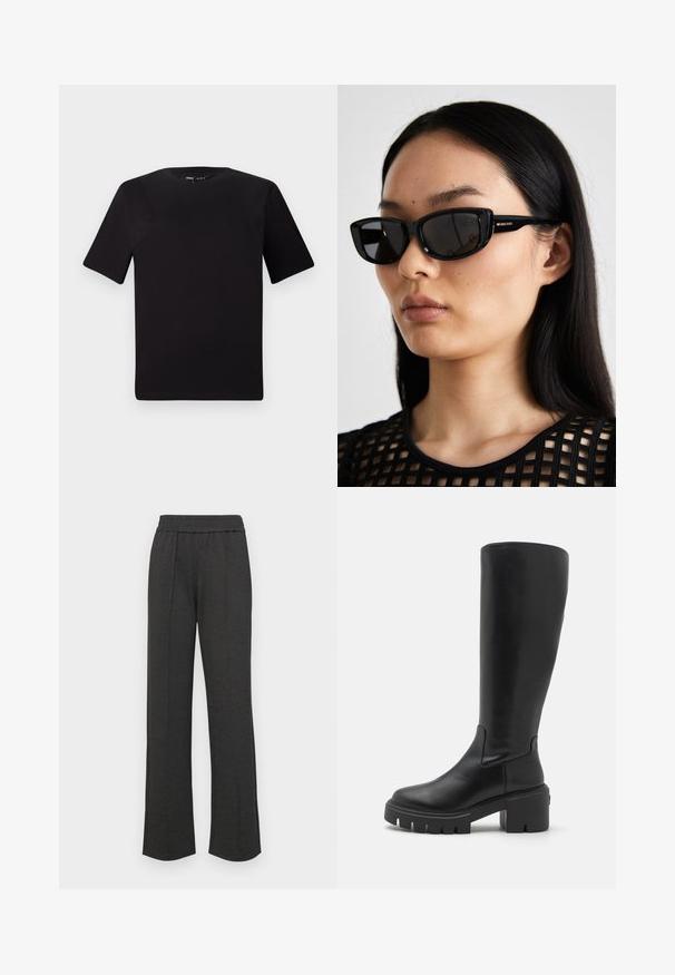 T-shirt noir à manches courtes avec un col rond, fabriqué en coton doux. Design simple, sans logos ni motifs visibles.; Pantalons droits noirs avec une taille élastique, des plis avant, un tissu doux et sans motifs ni détails matériels visibles.; Bottes en cuir noires montantes avec une texture lisse, semelle plateforme épaisse et un design à bout carré. Style minimaliste sans accents visibles.; Des lunettes de soleil noires en forme d'yeux de chat avec des verres sombres, une monture en plastique brillant et un accent de logo doré sur la branche. Design minimaliste et texture légère.; Sac à main en cuir noir avec une forme courbée, bandoulière amovible et des accessoires en or. Le sac est doté d'un rabat avec un détail de boucle.