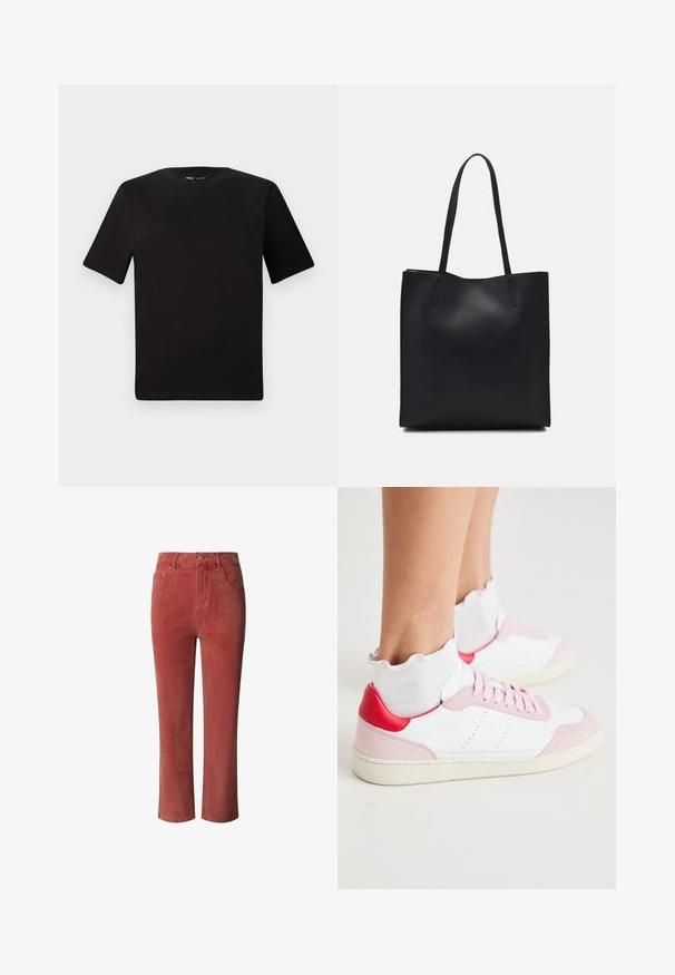 T-shirt nera a maniche corte con scollatura rotonda, realizzata in morbido cotone. Design semplice, senza loghi o motivi visibili.; Pantaloni in corduroy rossi con vestibilità dritta, vita media, cinque tasche e dettagli di cucitura visibili. Il tessuto ha un aspetto testurizzato e rigato.; Sneaker bianche con dettagli in suede rosa sulla punta e sul tallone, linguetta rossa sul tallone e una calza bianca testurizzata con bordo arricciato.; Borsa tote in pelle nera con texture liscia, forma rettangolare e due manici lunghi. Nessun hardware o decorazione visibile.