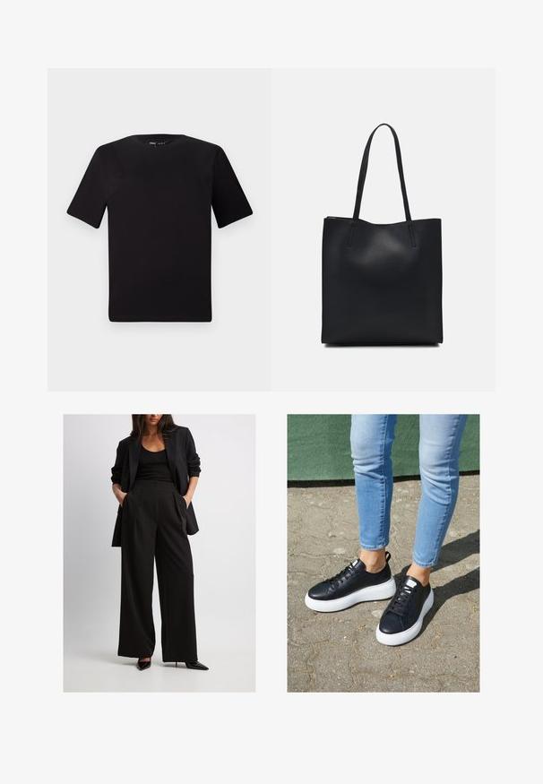 T-shirt nera a maniche corte con scollatura rotonda, realizzata in morbido cotone. Design semplice, senza loghi o motivi visibili.; Blazer nero su misura abbinato a pantaloni neri a gamba larga, con pieghe e tasche laterali. Modella con tacchi a punta neri.; Sneaker in pelle nera con suole in gomma bianca, caratterizzate da una finitura liscia, punta arrotondata e lacci piatti. Indossati con jeans azzurri chiari.; Borsa tote in pelle nera con texture liscia, forma rettangolare e due manici lunghi. Nessun hardware o decorazione visibile.