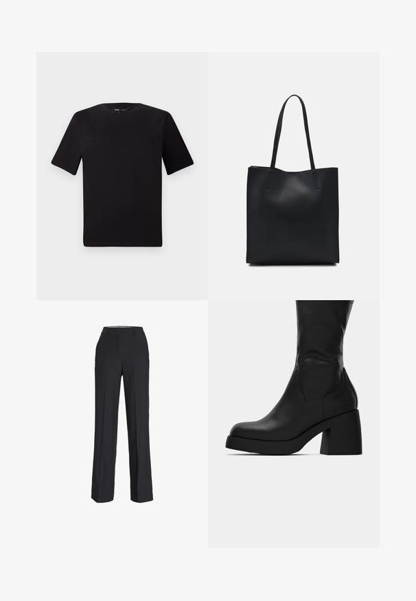Tricou scurt negru cu mânecă scurtă și guler rotund, realizat dintr-un material de bumbac moale. Design simplu, fără logo-uri sau modele vizibile.; Pantaloni negri, cu talie înaltă, cu o croiala dreaptă. Făcuți dintr-un material neted, cu pliseuri în față și buzunare laterale.; Botină din piele neagră, până la jumătatea gambei, cu toc gros și vârf rotunjit, prezentată în profil lateral pe un fundal alb.; Geantă tote neagră din piele, cu textură netedă, formă rectangulară și două mânere lungi. Fără hardware vizibil sau ornamente.
