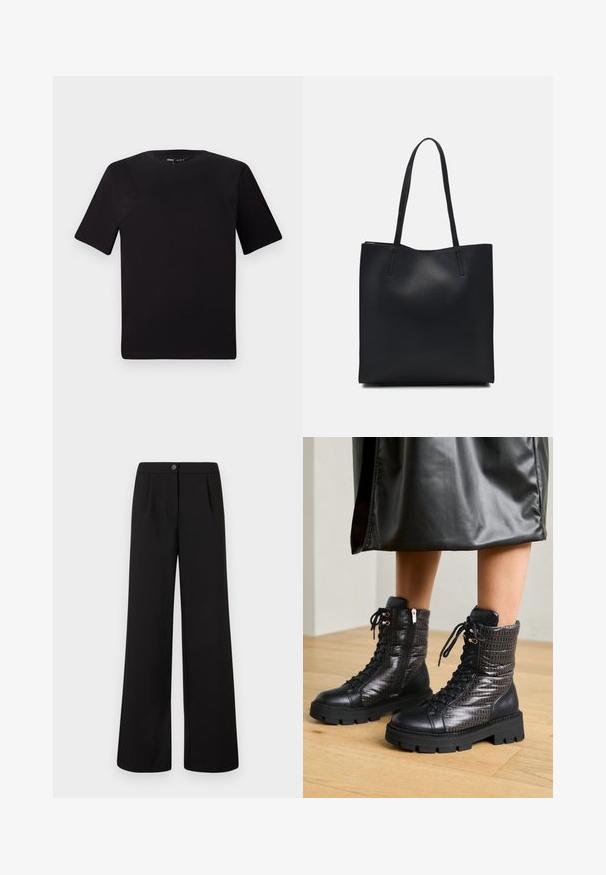 Svart kortärmad t-shirt med rund halsringning, tillverkad i mjukt bomullstyg. Enkelt mönster, utan synliga logotyper eller mönster.; Svarta hög midja vida byxor med framknapp och dragkedja, med subtila veck under midjebandet.; Svarta läderankelboots med en texturerad quiltad ovandel, snördesign och en robust gummisula med mönstrade detaljer.; Svart lädertoffelväska med slät textur, rektangulär form och två långa handtag. Ingen synlig hårdvara eller dekorationer.
