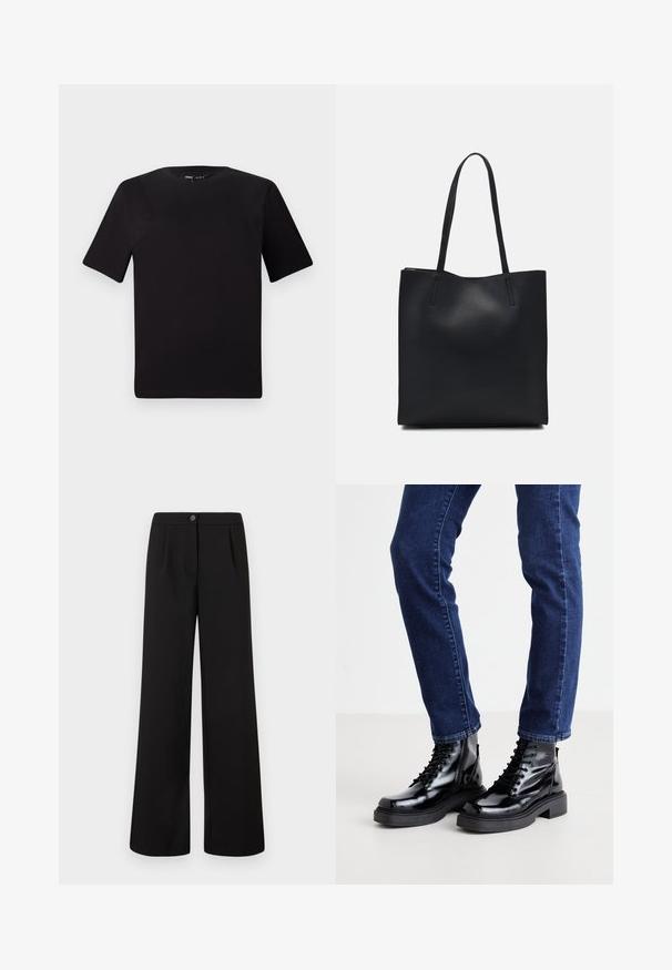 Crna majica kratkih rukava s okruglim izrezom, izrađena od mekane pamučne tkanine. Jednostavan dizajn, bez vidljivih logotipa ili uzoraka.; Crne široke hlače visoko struka s prednjim kopčanjem na dugme i patent zatvaračem, s blagim nabora ispod pojasnice.; Crne sjajne čizme do gležnjeva sa debelim đonom, s glatkom teksturom i zaobljenim prstima, nosene s tamnoplavim uskim farmerkama.; Crna kožna torba za nošenje s glatkom teksturom, pravokutnim oblikom i dvije duge ručke. Nema vidljivih metalnih dijelova ili ukrasa.