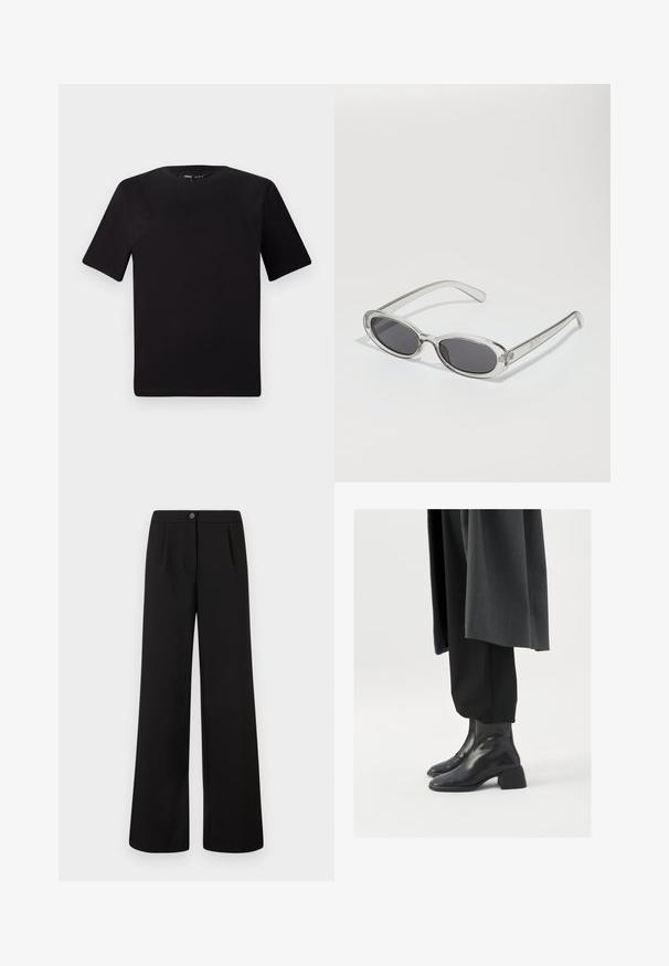Fekete, rövid ujjú póló, kerek nyakkal, puha pamutból készült. Egyszerű dizájn, nincs látható logó vagy minta.; Fekete, magas derékú, széles szárú nadrág elöl gombos és cipzáros záródással, a derékpánt alatt finom redőzéssel.; Fekete bőr bokacsizma négyzetes orral és vastag sarkal, laza fekete nadrággal és sötétszürke kabáttal viselve. Simára csiszolt felületi textúra.; Ovális formájú napszemüveg, átlátszó műanyag keret, sötétszürke lencsék és vékony, átlátszó szárak, logóakkcentussal és minimális díszítéssel.; Fekete bőrtáska ívelt formával, levehető pánttal és arany színű fémrészekkel. A táskán egy csattal díszített fedél található.