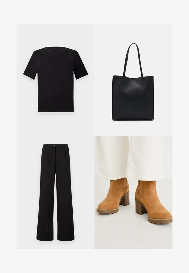 Juodas trumpas rankovės marškinėlis su apvaliu iškirpimu, pagamintas iš minkštos medvilnės medžiagos. Paprastas dizainas, be matomų logotipų ar raštų.; Juodi aukšto liemens platūs kelnių su priekiniais saga ir užtrauktuku, su subtiliomis klostėmis po juosmeniu.; Smėlio spalvos suede auliniai batai su storu bloko kulnu, turintys elastingus šoninius panelius ir tvirtą padu geresniam sukibimui. Textūruotas viršus su siuvimo detalėmis.; Juodas odinis tote krepšys su lygia tekstūra, stačiakampio formos ir dviem ilgais rankenomis. Matomų metalinių detalių ar puošybos nėra.