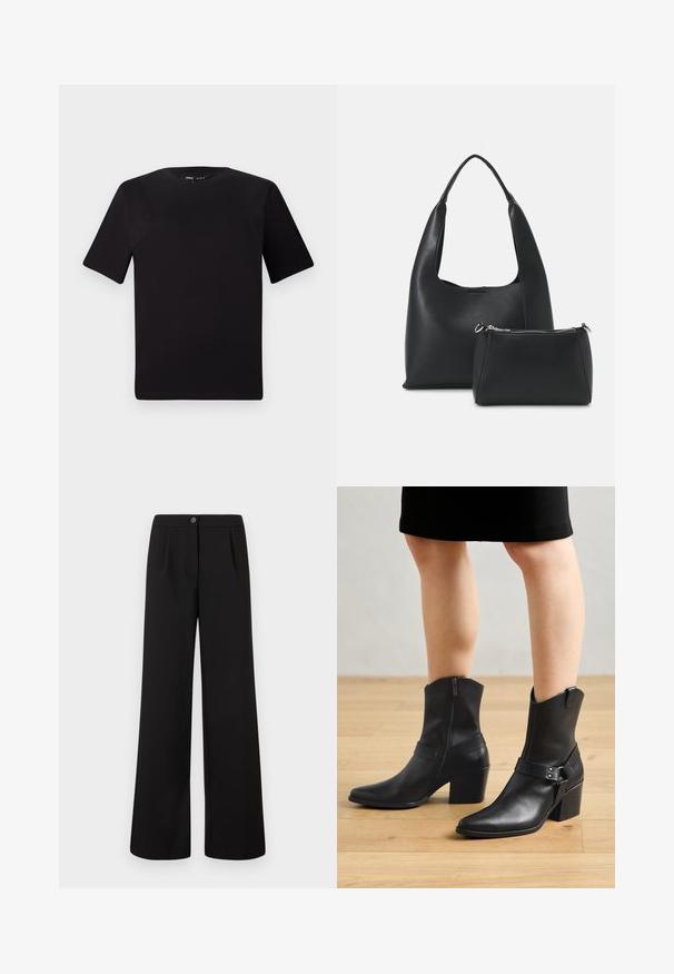 Camiseta negra de manga corta con cuello redondo, fabricada en suave algodón. Diseño simple, sin logos ni patrones visibles.; Pantalones negros de tiro alto y pierna ancha con cierre frontal de botón y cremallera, que presentan suaves pliegues debajo de la cintura.; Botines de cuero negro con punta afilada, cierre de cremallera, tacón curvado y una correa decorativa con detalles metálicos.; Even&Odd Bolso de mano - black
