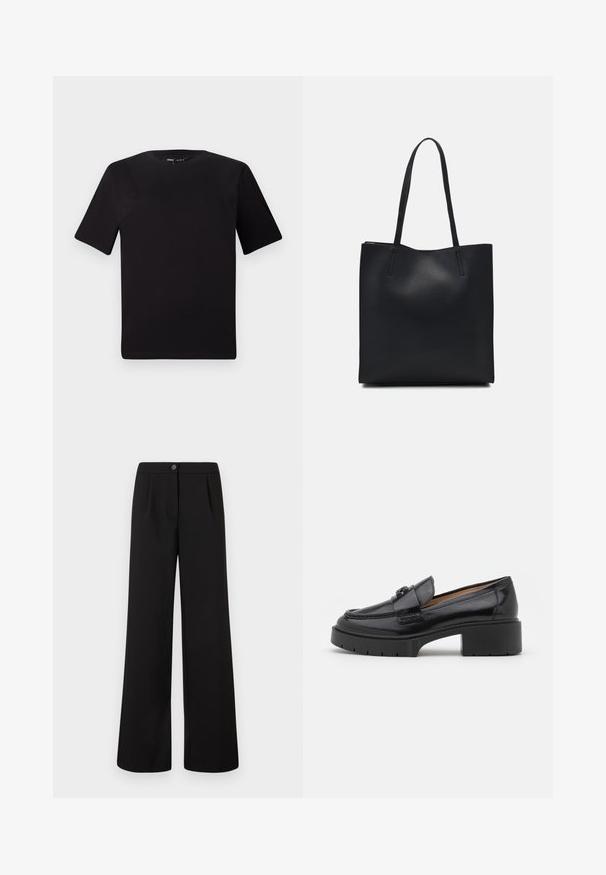 Black short-sleeve t-shirt with a round neckline, crafted from soft cotton fabric. Simple design, no visible logos or patterns.; Black high-waist wide-leg trousers with front button and zipper closure, featuring subtle pleats below the waistband.; Black leather loafer with a low block heel, rounded toe, decorative strap, and textured stitching detail on the upper. Smooth finish.; Black leather tote bag with smooth texture, rectangular shape, and two long handles. No visible hardware or embellishments.