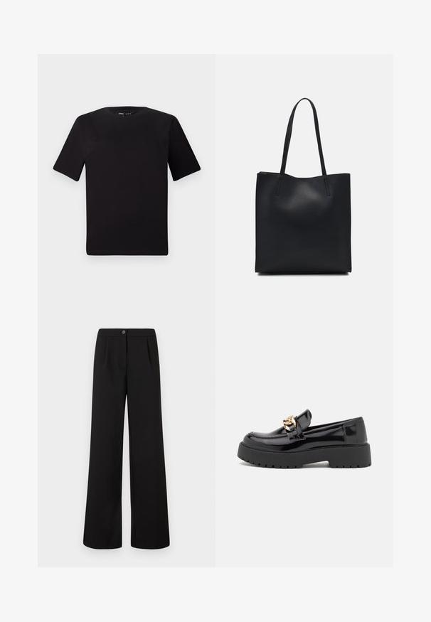 Svart t-skjorte med korte ermer og rund hals, laget av mykt bomullsstoff. Enkelt design, ingen synlige logoer eller mønstre.; Svarte høytlivde vide bukser med frontknapp og glidelåslukking, med subtile folder under midjen.; Sorte lakkert skinnloafer med en kraftig svart såle og detaljer i gull. Glatt tekstur og avrundet tådesign.; Svart lær tote bag med glatt tekstur, rektangulær form og to lange håndtak. Ingen synlige deler eller dekorasjoner.